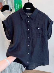 Elegant Cotton Linen Short Sleeve Shirt Womens Summer Thin Unique Beautiful Anti-Aging Polo Collar Top Breathable Korean Style