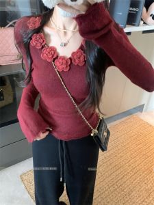 GUZILIAN | Pure Red V-Neck Knitted Base Shirt Womens Autumn Winter Slim Fit Short Sweet And Spicy Top Heavy Work Flower Sweater Commute Style