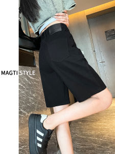 Quần Short Denim Ống Đứng Lưng Cao Mùa Hè Mỏng Màu Đen Cho Nữ Quần Jeans Cotton Mỏng Cạp Cao Dáng Chữ a Rộng Rãi