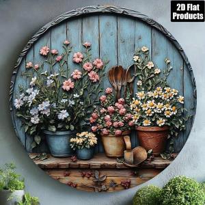 CIFbuy | Vintage Round Aluminum Wall Art Rustic 8X8 Inch Metal Plaque for Garden Decor Flat Floral & Tool Design for Kitchen Cafe.
