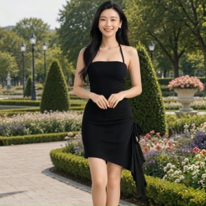 Ladies Casual Halter Tie Back Neck Dress with  Drawstring Asymmetrical Hemline