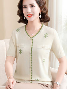 Ice Silk Loose Short Sleeve T-Shirt for Mom Summer Fashionable Thin Womens Shirt V-Neck Single Button Pure Color Casual Top