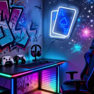 Playing Cards Neon Sign for Wall DecorPoker Teens LED Neon USB Light Sign for Bedroom Casino Bar Play Room Birthday Party Decor