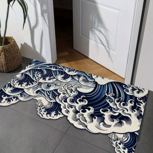 VIKAMA Japanese Ukiyo-e Wave Coir Doormat Wear Resistant Anti Dust Ocean Wave Irregular Front Door Indoor Outdoor Home Decor