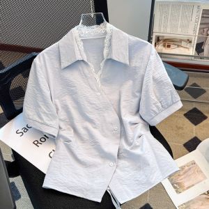Design Sensation Lace Splice V-Neck Shirt Women Summer Slimming Top Short Sleeve Self-Preserving Style Korean Loose Fit Cotton