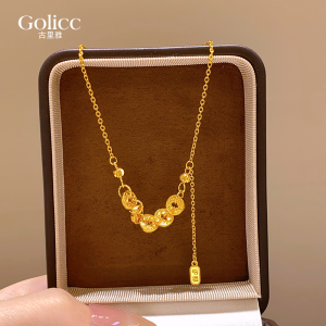 Elegant Womens Gold-Plated Ancient Chinese Five Emperor Coin Necklace Luxury Minimalist Sweater Chain Autumn Winter Accessory