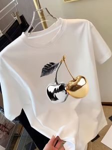 Golden Cherry Printed WomenS Short Sleeved T-Shirt Fashionable Casual Comfortable Soft Fabric Spring/Summer WomenS T-Shirt