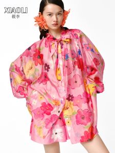 XIAOLI | Floral Bow-neck Silk Shirt and Shorts Set
