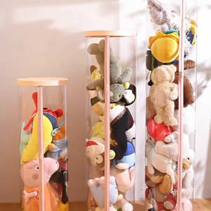 IMUTO Transparent Doll Storage Bucket Cylindrical Toy Box Plush Doll Organizer Rotatable PVC Storage Tube