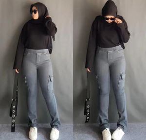 Zora Jeans Cutbray Cargo pinggang Karet Nyaman dipakai