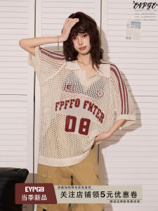 American Style Spicy Girl Knitted Short Sleeve T-Shirt Womens Summer Hollow out Loose Sunshade Design Top Henry Collar