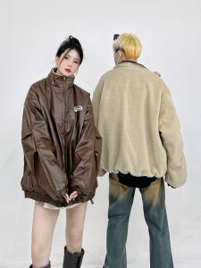 Áo Khoác Da PU Dày Dặn Kiểu Mỹ Cổ Điển Cho Nữ Màu Nâu Mélange Áo Khoác Xe Máy Hai Mặt Áo Khoác Lông Cừu