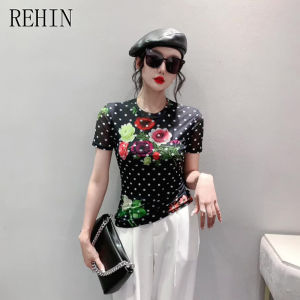 REHIN Womens T-shirt Summer Fashion Mesh Printed Floral White Polka Dot Short-sleeved Round-neck Slim-fit S-3XL Trendy Tops