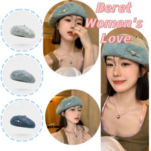 Womens Love Washed Cowboy Beret Thin Breathable Octagonal Painters Hat for Big Head Circumference Face Show Small Design