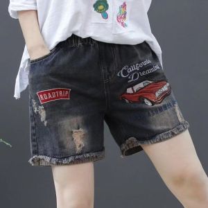 High Waist Embroidered Denim Shorts Womens Summer New Ethnic Style Patchwork Loose Elastic Waist Versatile Hole Casual Pants