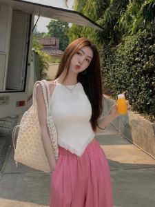Summer 2024 Womens Casual Tassel Top And Vest Set High Waist Wide Leg Pants Two Piece Ensemble Fashionable Neck Hanging Design
