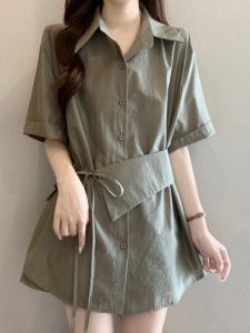Bộ Đồ Giảm Cân Plus Size Áo Sơ Mi Dài Mid-length Có Dây buộc ở eo và Quần Shorts