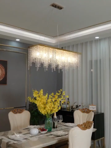 Luxury rectangular crystal chandelier modern LED tassel linear raindrop ceiling fixture suitable