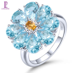 Lohaspie Jewelry Real 6.6 Carats Ring Silver 925 Original Sale Natural Sky Blue Topaz Ring Citrine Stone Original Ring Women Fashion Ring Blue Topaz Ring Silver Jewelry