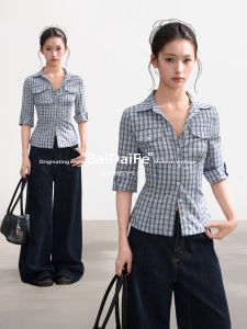 BAIDAIFEI | Blue Check Polo Collar Short Sleeve Fitted Shirt