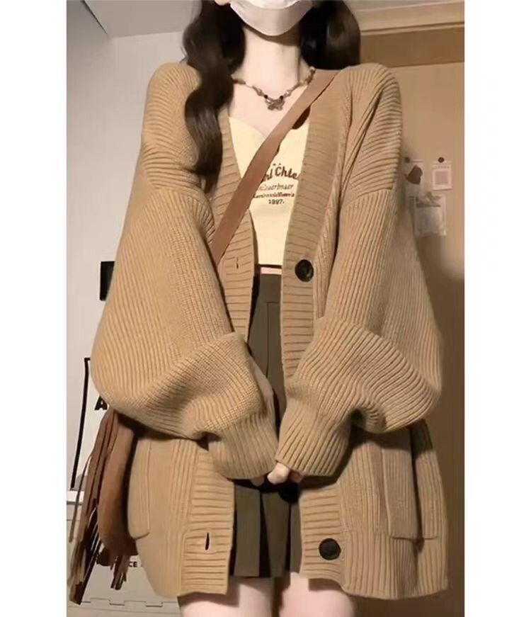 เสื้อกันหนาวผู้หญิง เสื้อถัก เสื้อคาร์ดิแกน คอวี เสื้อตัวบน หลวม สีพื้น หนา อุ่น กระเป๋าใหญ่