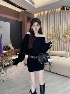 Casual Idle Style Fashion Knitted dress Women Autumn Inner wear Waist Hugging Slimming Bottoming off-the-Shoulder Short Hip Skirt