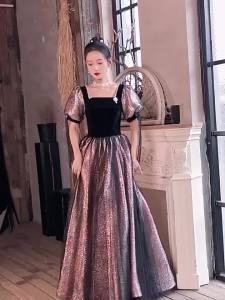 DINNER DRSES French High-end Ladies Banquet Dresses Velvet With Pearl Embellishment Black Evening Dress女士长款黑色连衣裙金丝绒晚礼服