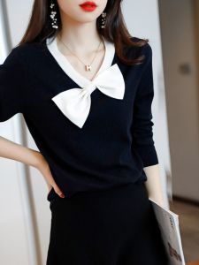 Elegant French Style Long Sleeve V-Neck Knitwear Inner Shirt Butterfly Knot Spring New Arrival Premium Quality Cashmere