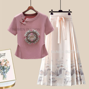 NUMEN BUTTON | Chinese Style Summer Round Collar Embroidered T Shirt Short Sleeve With High Waist Matchable Skirt