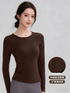 Womens Fitness Yoga Sportswear Backless Long Sleeve Quick Dry Breathable Nylon Pilates Gymnastics Top with Chest Pad