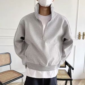 American High Collar Half Zipper Sweatshirt Mens Korean Style Loose Couples Tops Short Trendy Pure Color Casual Pullover Coat