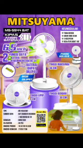 KIPAS ANGIN MITSUYAMA MS-5544 BAT KIPAS ANGIN MEJA 65 INCH 3SPEED 4 WATT MENGGUNAKAN BATERAI 18650 BISA DI CASS KIPAS DESK FAN BISA DILIPAT TIDAK BERISIK