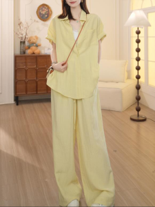 Shalldoer | Casual Loose Womens Summer Shirt Shorts Two-Piece Set Solid Color Long Sleeve Button-Up Straight Leg Pants Ensemble