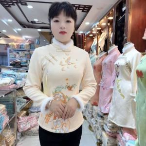 Autumn Winter New plus Size Thickened Fleece Short Cheongsam Top Womens Meat Concealing Floral Print Traditional Style Mom Shirt