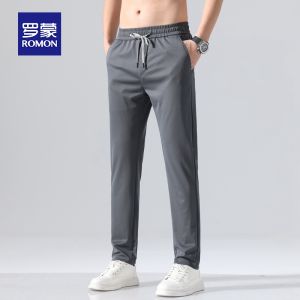 ROMON | Romon Mens Casual Pants Summer Thin Loose Straight Tube Trendy Sports Ice Silk Elastic Drawstring Long Trousers