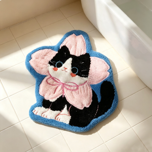 VIKAMA Kawaii Black White Cat Bath Mat Soft Plush Absorbent Non Slip Rug Cute Kitty Floor Mat for Bathroom Bedroom Home Decor