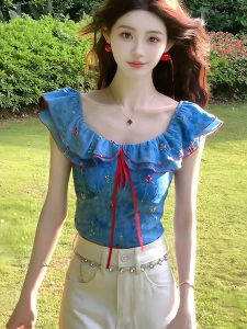 chaqi | Summer New Short Slim Fit Blue Floral Shirt with Petal Sleeves