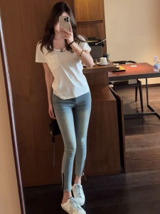 Spring 2025 High Waist Slimming Skinny Jeans Womens Ankle Length Casual Style Anti-Uv Wear Resistant Blue Denim Pants