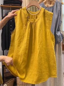 เสื้อยืดแขนกุดสไตล์วินเทจลำลองสำหรับผู้หญิง ทรงหลวม ปกกลม ระบายอากาศได้ดี โพลีเอสเตอร์ ฤดูร้อน 2025 เสื้อยืดแขนกุดแบบสวมหัว