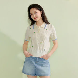 INMAN | Ice Silk Hollow Out Thin Knitted Polo Neck Short Sleeve Womens Summer New Style Casual Comfortable Soft Polyester Fiber Top