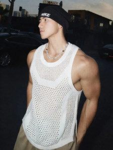 เสื้อกั๊กถักแขนกุดสำหรับผู้ชาย ฤดูร้อน 2025 ดีไซน์ใหม่ ดีไซน์เก๋ไก๋ แฟชั่น ไม่มีแขน คอกลม สีสันสดใส ใส่ไปเที่ยวบาร์