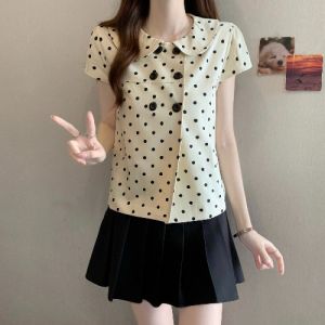 Doll Collar Short Sleeve Blouse Slimming Polka Dot