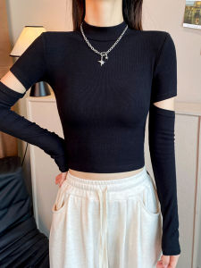 Áo Thun Dệt Kim Màu Đen Cổ Cao Cho Nữ Mùa Xuân Thu Áo Ngắn Tay Dài Ôm Vừa Vặn Thời Trang Công Sở Thường Ngày