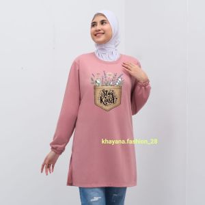 kaos tunik wanita dewasa motif kantong tengah stay kind baju tunik kekinian
