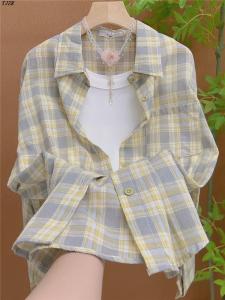 TJZR | Vintage Apricot Grey Check Layered Loose Shirt