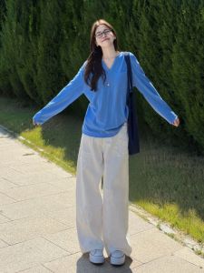 V.C.I | Vintage Blue V-Neck Thin Long Sleeve Summer Shirt