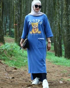 fashion wanita terbaru midi dress / baju muslim midi dress wanita terbaru lengan panjang / midi dress semi oversize terlaris Aldira Origin - biru