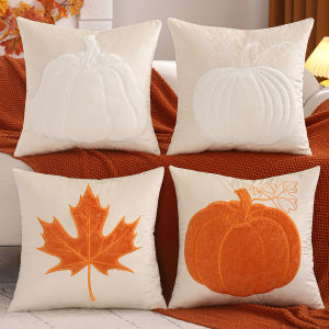 1.1 PC Halloween Decoration Throw Pillow Cover Pumpkin Leaves Plush Embroidery Velvet Autumn Thanksgiving Harvest Home