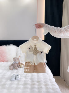 ชุดสองชิ้นฤดูร้อนสำหรับเด็กชาย ชุดเสื้อแขนสั้นผ้าฝ้ายผสมคอตตอนสำหรับเด็กวัย 1-2 ปี เสื้อเชิ้ตลูกชายและกางเกงขาสั้นแบบแยก