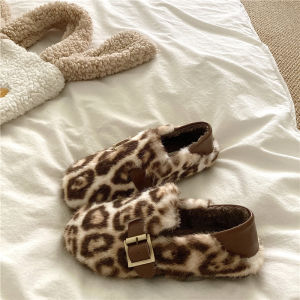 Fashionable Leopard Print Fleece Lined Cotton Slippers Womens Winter Warm Woolly Slip-On Shoes mid Heel Comfortable Home Slippers